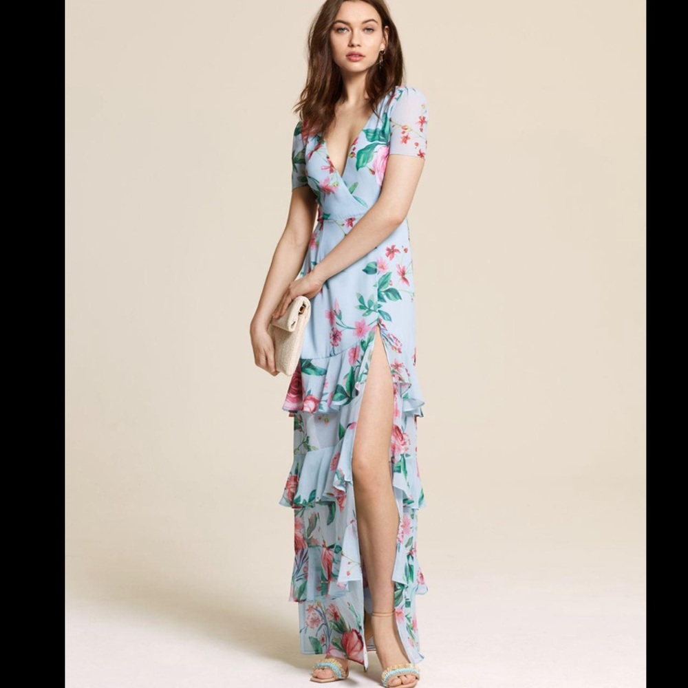 NWT Fame and Partners Pearl Faux-Wrap Floral Gown